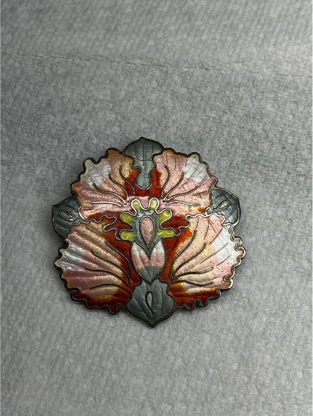 #12 Vintage Signed C.L Orange & Pink Cloisonnรฉ Flower Brooch